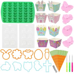 cookie decorating supplies kit,with 14pcs cookie cutter,silicone mold,carrot transparent cone cello bags,mini paper buckets and egg chocolate mold for beginners and decorator