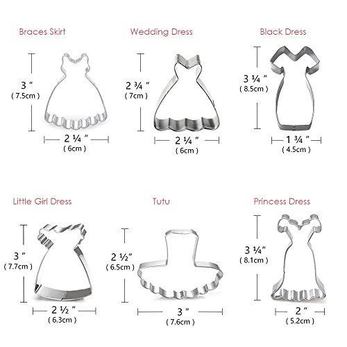 Dress Cookie Cutter Set- Set of 6 -Include Braces Skirt, Wedding Dress, Black Dress, Little Girl Dress, Tutu and Princess Dress - Stainless Steel