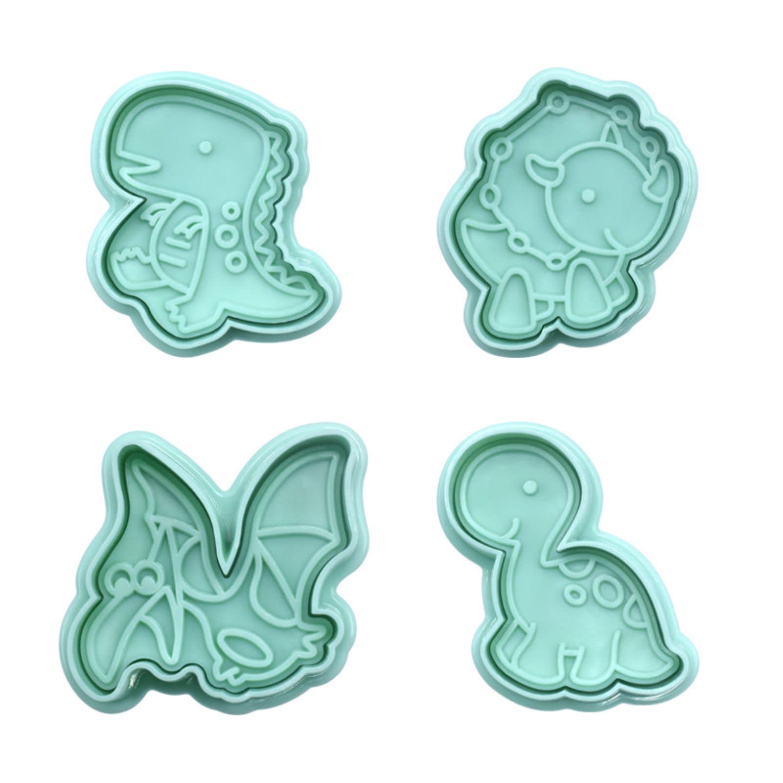 NentMent 4 Pack Dinosaur Cookies Cutter Mold 3D Biscuit Embossing Mould Fondant Cakes Cutters Animal Crackers Spring Stamp Plunger Cutter DIY Dino Forms for Sugar Pastry Cake Kitchen Tools (Green)