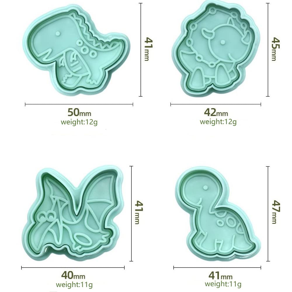 NentMent 4 Pack Dinosaur Cookies Cutter Mold 3D Biscuit Embossing Mould Fondant Cakes Cutters Animal Crackers Spring Stamp Plunger Cutter DIY Dino Forms for Sugar Pastry Cake Kitchen Tools (Green)