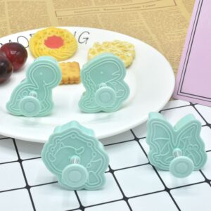 NentMent 4 Pack Dinosaur Cookies Cutter Mold 3D Biscuit Embossing Mould Fondant Cakes Cutters Animal Crackers Spring Stamp Plunger Cutter DIY Dino Forms for Sugar Pastry Cake Kitchen Tools (Green)