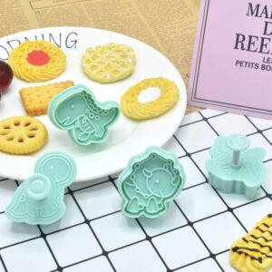 NentMent 4 Pack Dinosaur Cookies Cutter Mold 3D Biscuit Embossing Mould Fondant Cakes Cutters Animal Crackers Spring Stamp Plunger Cutter DIY Dino Forms for Sugar Pastry Cake Kitchen Tools (Green)