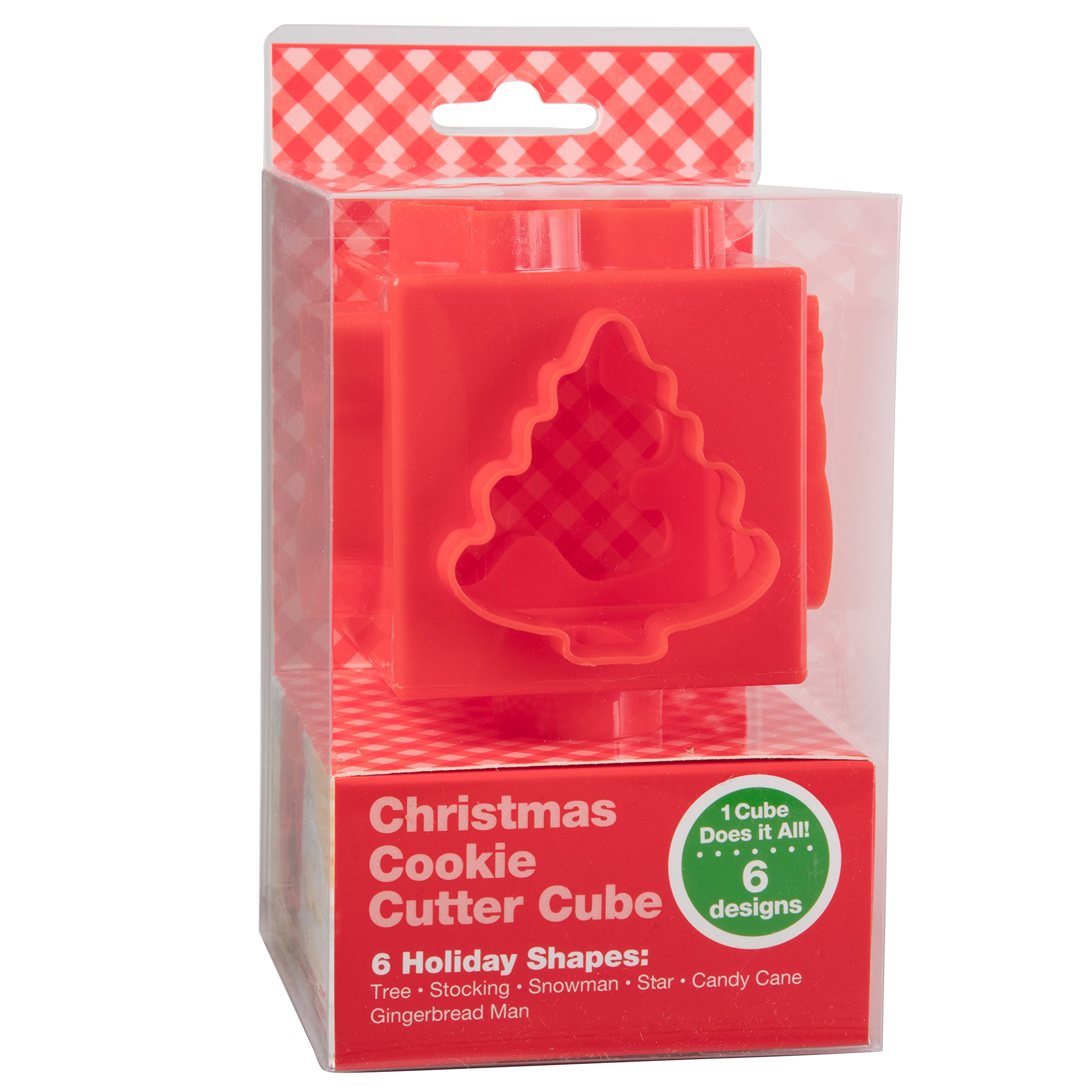 Christmas Cookie Cutter Cube-Holiday Party Cookie Easy Press Set w 6 Unique Winter Shapes- All in One 6-Sided Clutter Free Festive; Stocking Candy Cane Star Tree Gingerbread Man Dishwasher Safe Baking