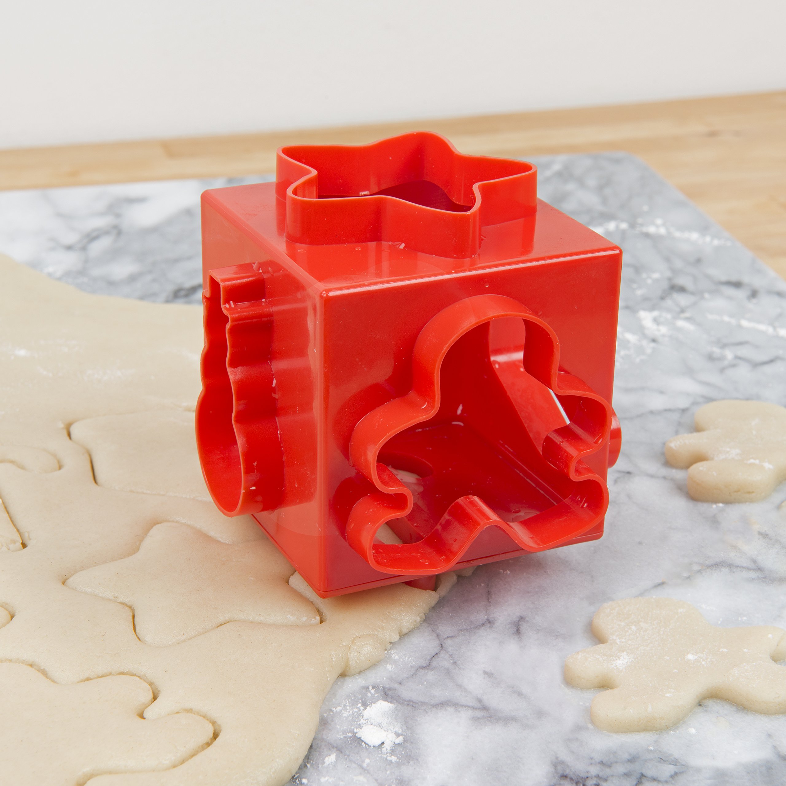 Christmas Cookie Cutter Cube-Holiday Party Cookie Easy Press Set w 6 Unique Winter Shapes- All in One 6-Sided Clutter Free Festive; Stocking Candy Cane Star Tree Gingerbread Man Dishwasher Safe Baking