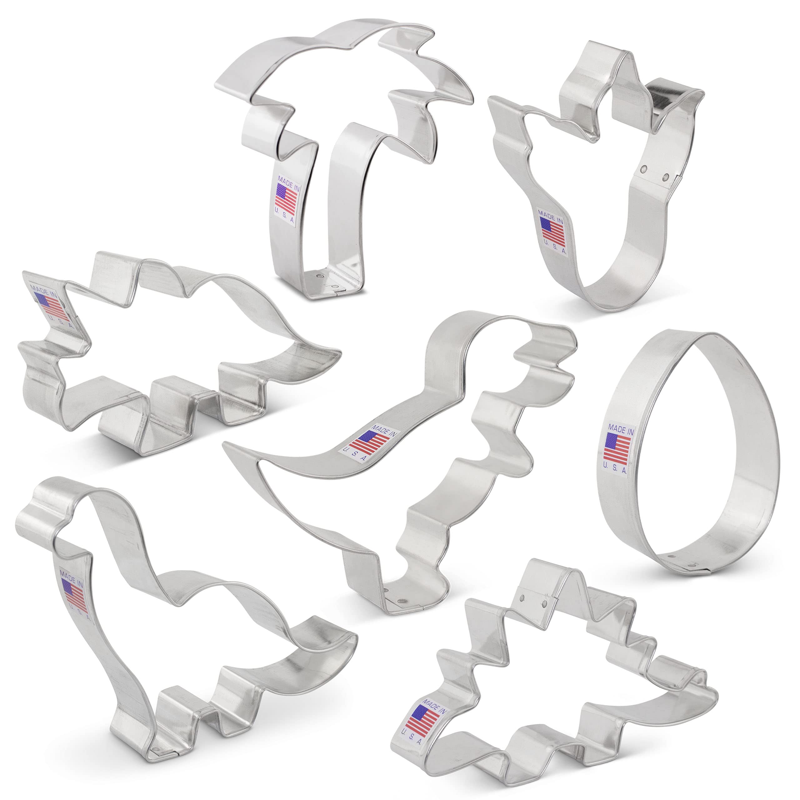 Dinosaur Cookie Cutters 7-Pc. Set Made in the USA by Ann Clark, T-Rex, Brontosaurus, Stegosaurus, Dino Foot, Egg and more