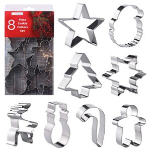 christmas cookie cutters, holiday cookie cutters - 8 pc set - christmas tree, gingerbread man, candy cane, star, santa, reindeer, snowflake, snowman - for baking, kids and treats