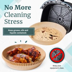 Kitchenific 100Pcs Air Fryer Liners Disposable 8 inch Round and 1 Air Fryer Magnetic Cheat Sheet - Airfryer Parchment Liners Bundle Set with a Cooking Times Chart Magnet for Enhanced Convenience
