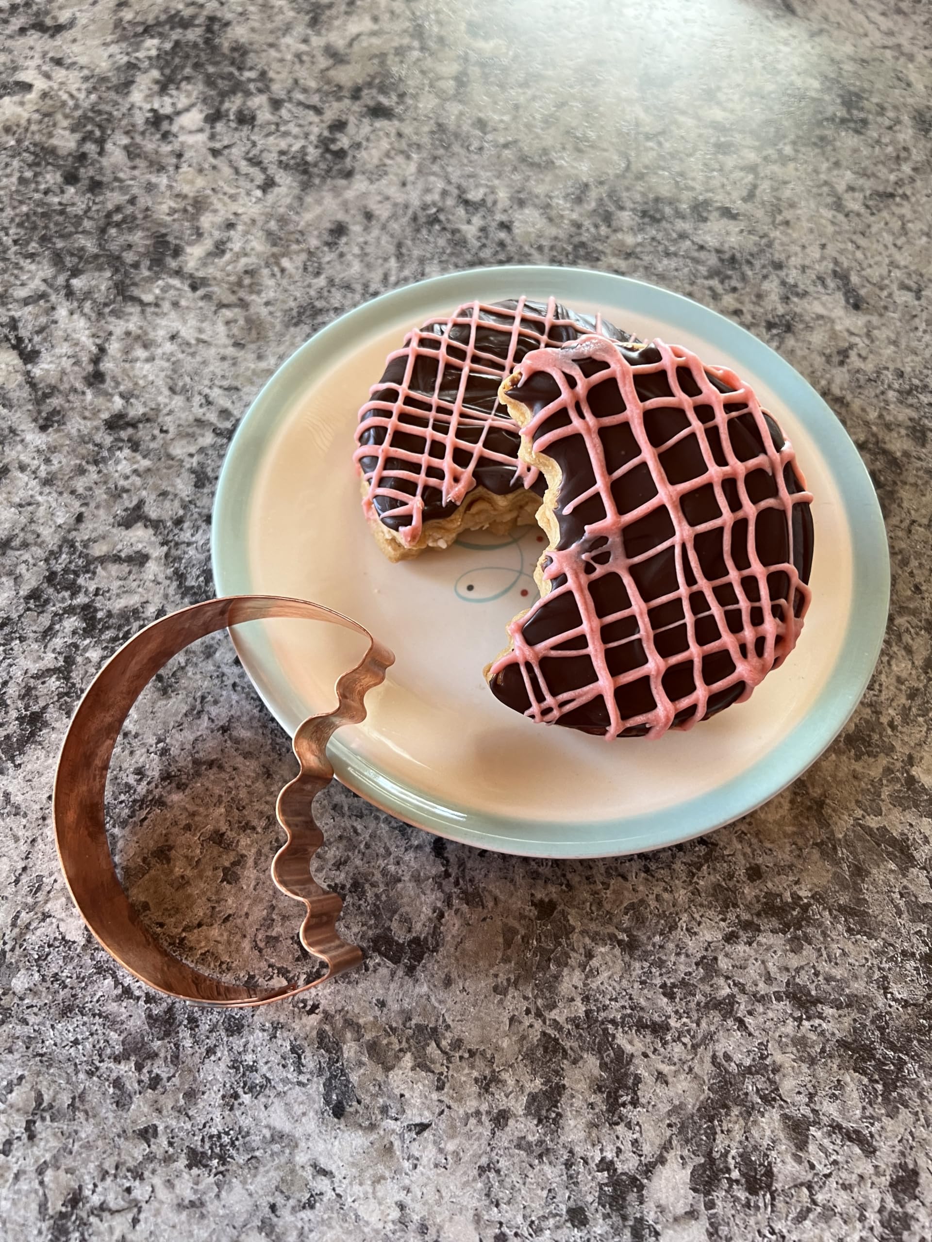 3 Inch Round Cookie Cutter with bite taken out - Handcrafted Copper Cookie Cutter by The Fussy Pup