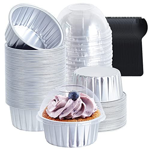 BEISHIDA Cupcake Liners with Lids 50 Pack Mini Muffin Liners with Lids&Spoon Mini Cake Pans with Lids Aluminum Foil Disposable Muffin Tins Cup Cake Holders for Muffins, Pudding-Silver