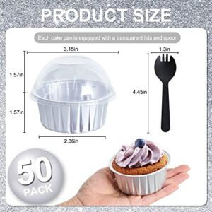 BEISHIDA Cupcake Liners with Lids 50 Pack Mini Muffin Liners with Lids&Spoon Mini Cake Pans with Lids Aluminum Foil Disposable Muffin Tins Cup Cake Holders for Muffins, Pudding-Silver