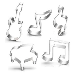 wotoy guitar, piano,musical notes sign music theme biscuit cookie cutter 5 piece set - stainless steel