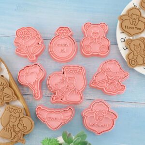 Gadpiparty Gadpiparty Valentine's Day Cookie Cutter Set Cookie Stamp Included 3D Diamond Ring Cute Bear Love Heart Balloons,Rose Angel, Romantic Proposal Cookie Cutters for Party Baking Decoration