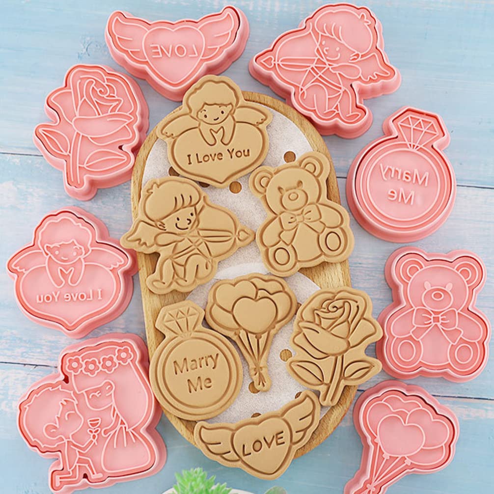 Gadpiparty Gadpiparty Valentine's Day Cookie Cutter Set Cookie Stamp Included 3D Diamond Ring Cute Bear Love Heart Balloons,Rose Angel, Romantic Proposal Cookie Cutters for Party Baking Decoration