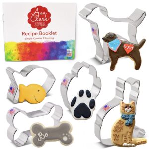 pet cookie cutters 5-pc. set made in the usa by ann clark, paw print, 4" bone, labrador, curled cat, goldfish