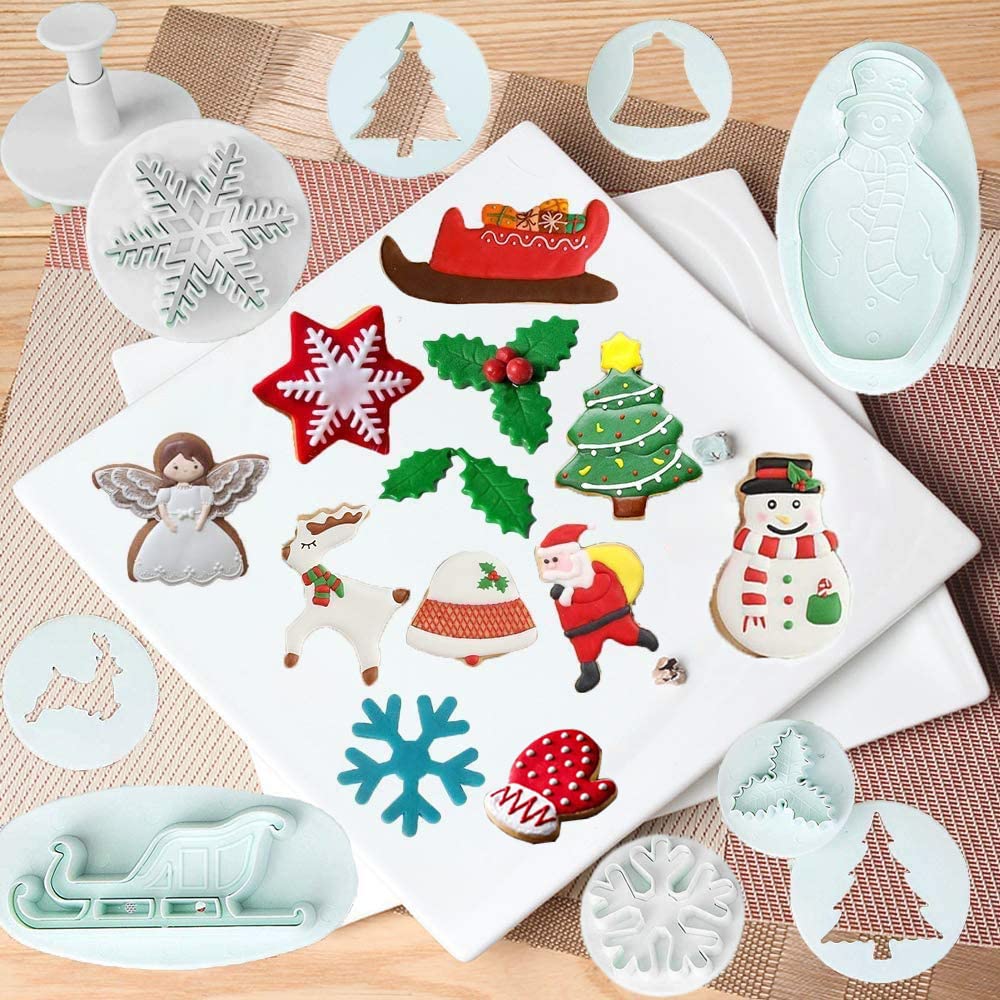 INSPEE 22 Pieces Christmas Fondant Cake Cookie Plunger Cutter Sugarcraft Snowflake Snowman Christmas Tree Leaf Shape Decorating Mold DIY Tools