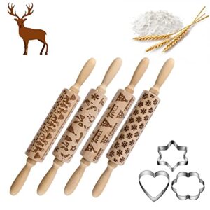 4pack christmas wooden 3d rolling pins embossed, embossing rolling pin with engraved christmas themed symbols for baking embossed cookies,rolling pin kitchen tool(14 in)