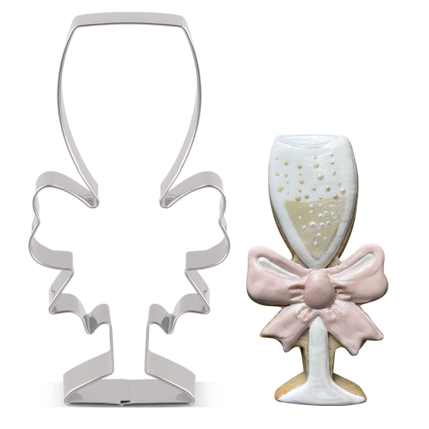 LILIAO Champagne Glass with Ribbon Cookie Cutter for Wedding/Engagement - 2.4 x 4.5 inches - Stainless Steel