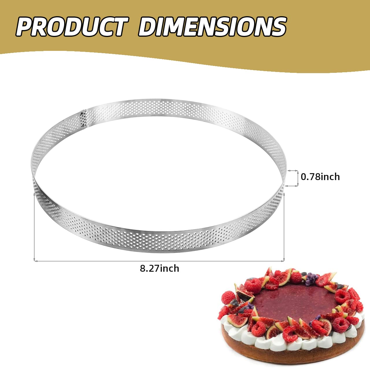 Uyauld Stainless Steel Perforated Tart Ring, 8 inch Heat-Resistant Cake Mold Ring, 21CM Nonstick Pastry Dessert Utensil, Circle Baking Tool for French Fruit Tarte, Round (21cm/8 inch)