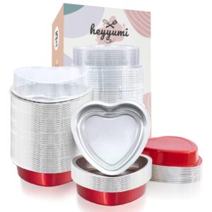 heyyumi aluminum foil mini heart cake pan, 25pcs 9oz disposable heart shaped cake pans with lids,cupcake liners muffin tins,cupcake baking cups ramekins containers for valentine's day(red)