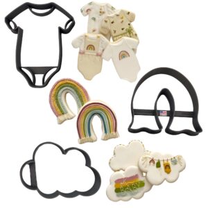 baby shower cookie cutters sprinkle welcome home one year old birthday party celebration infant toddler onesie t-shirt newborn boho rainbow and cloud cookie cutters (3 pack)