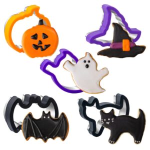 sandwich cutter for kids 5 pcs, nifogo cookie cutters with comfort grip, biscuit cutters include pumpkin ghost bat cat witch hat mold, gift for adult boys girls