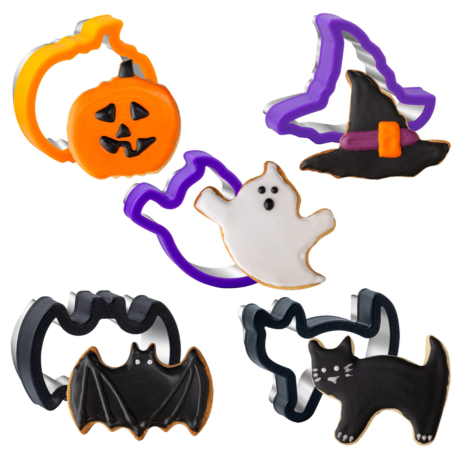 Sandwich Cutter for Kids 5 Pcs, Nifogo Cookie Cutters with Comfort Grip, Biscuit Cutters Include Pumpkin Ghost Bat Cat Witch Hat Mold, Gift for Adult Boys Girls