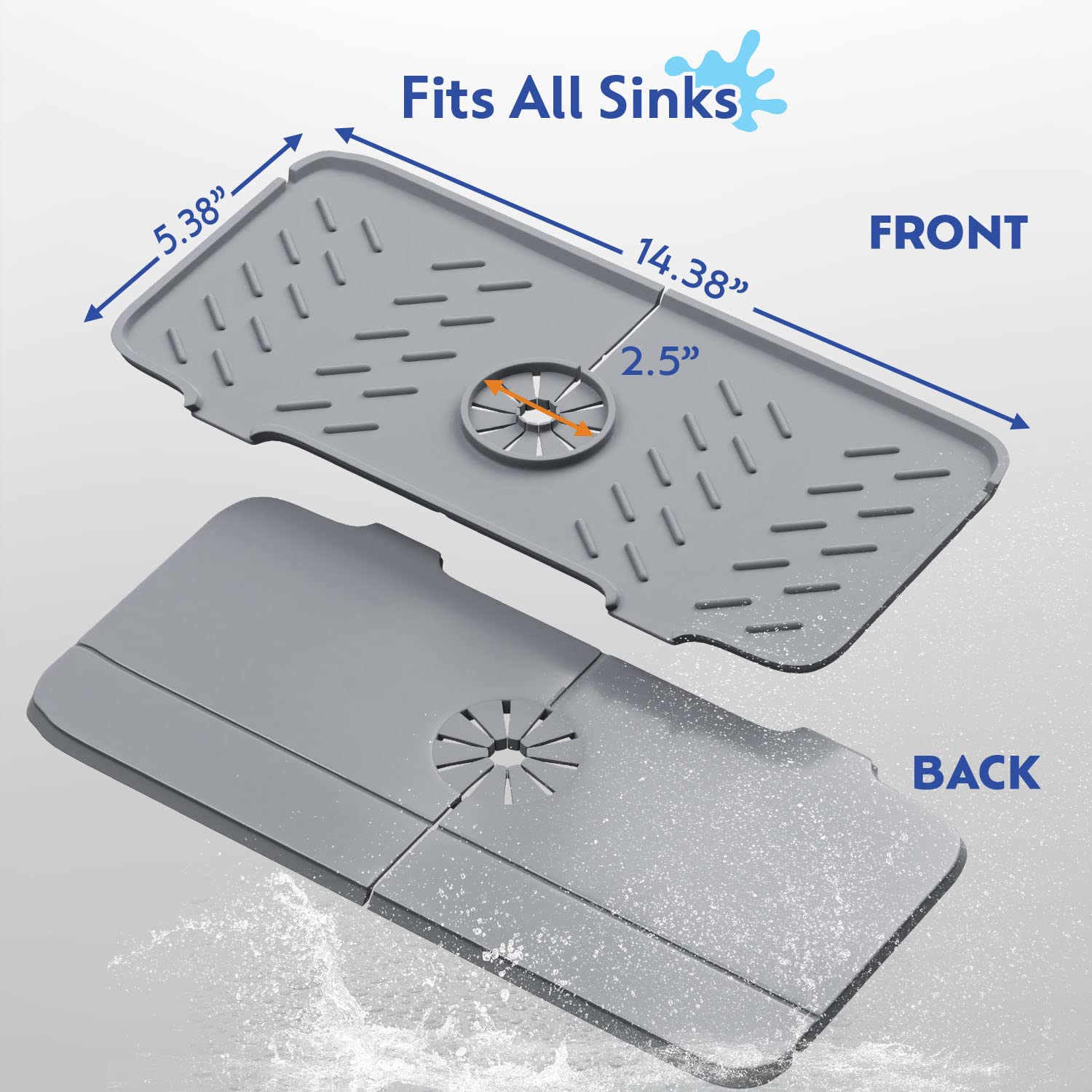 Kitchen Faucet Silicone Handle Drip Catcher Mat, Water Trey, Sink Splash Guard, Draining Pad Faucet, Protector Countertop, Drying Countertop Granite(Grey), 14.375 X 5.375 .375