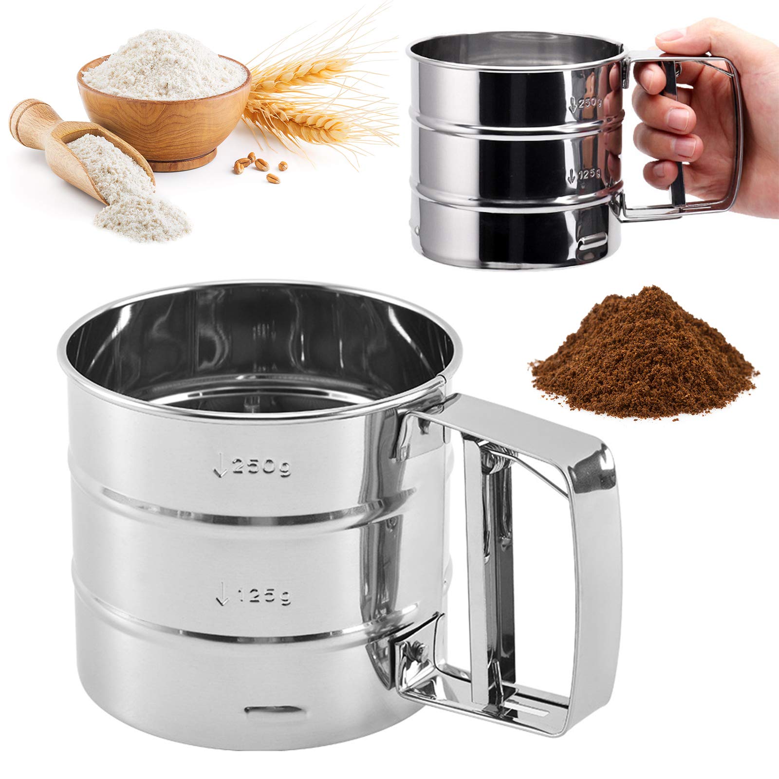 Cenbee Flour sieve stainless steel material manufacturing,Coffee Sieve Cup,Semi Automatic 2 Cup Sifter for Baking | Fine Mesh Pastry Sieve Cup.