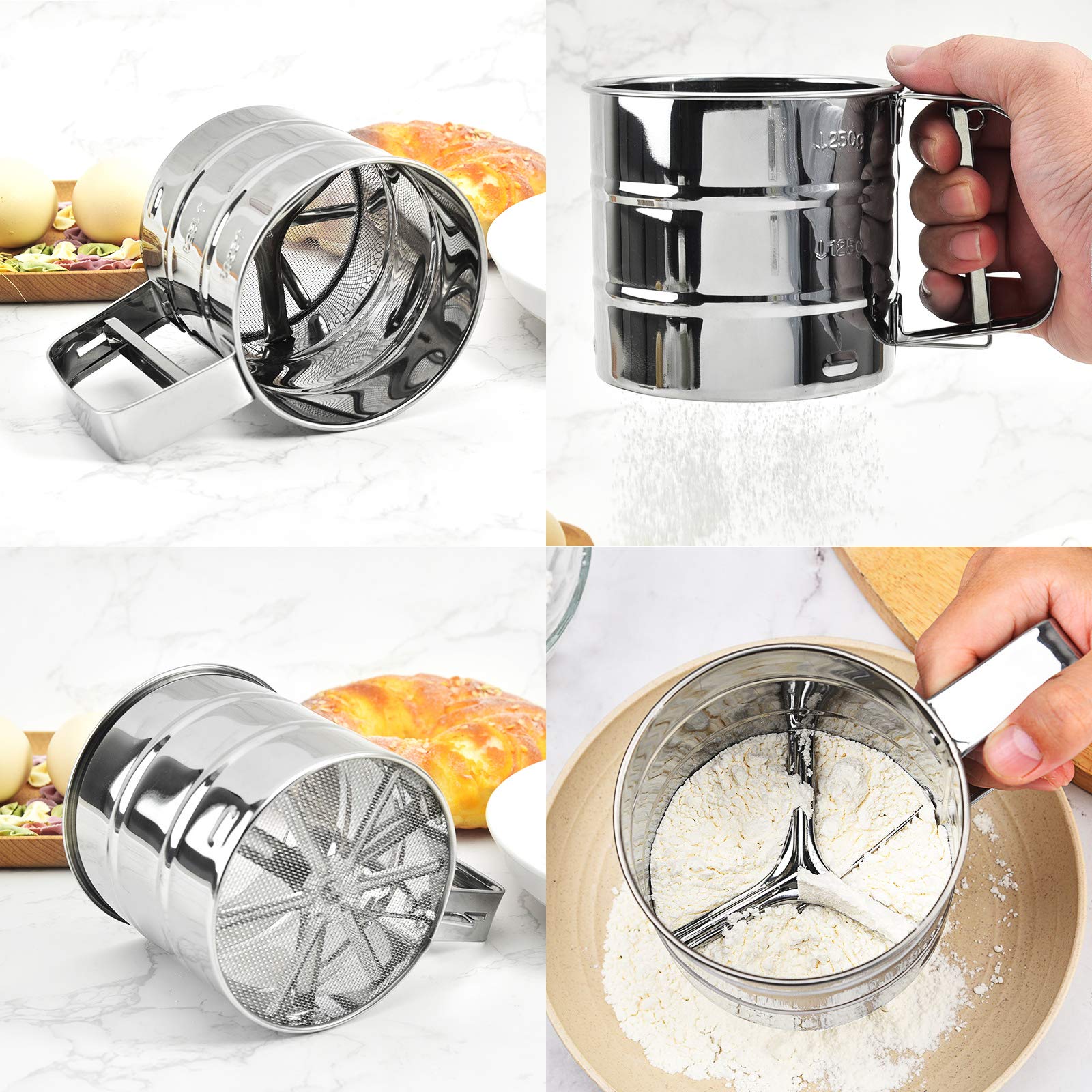 Cenbee Flour sieve stainless steel material manufacturing,Coffee Sieve Cup,Semi Automatic 2 Cup Sifter for Baking | Fine Mesh Pastry Sieve Cup.