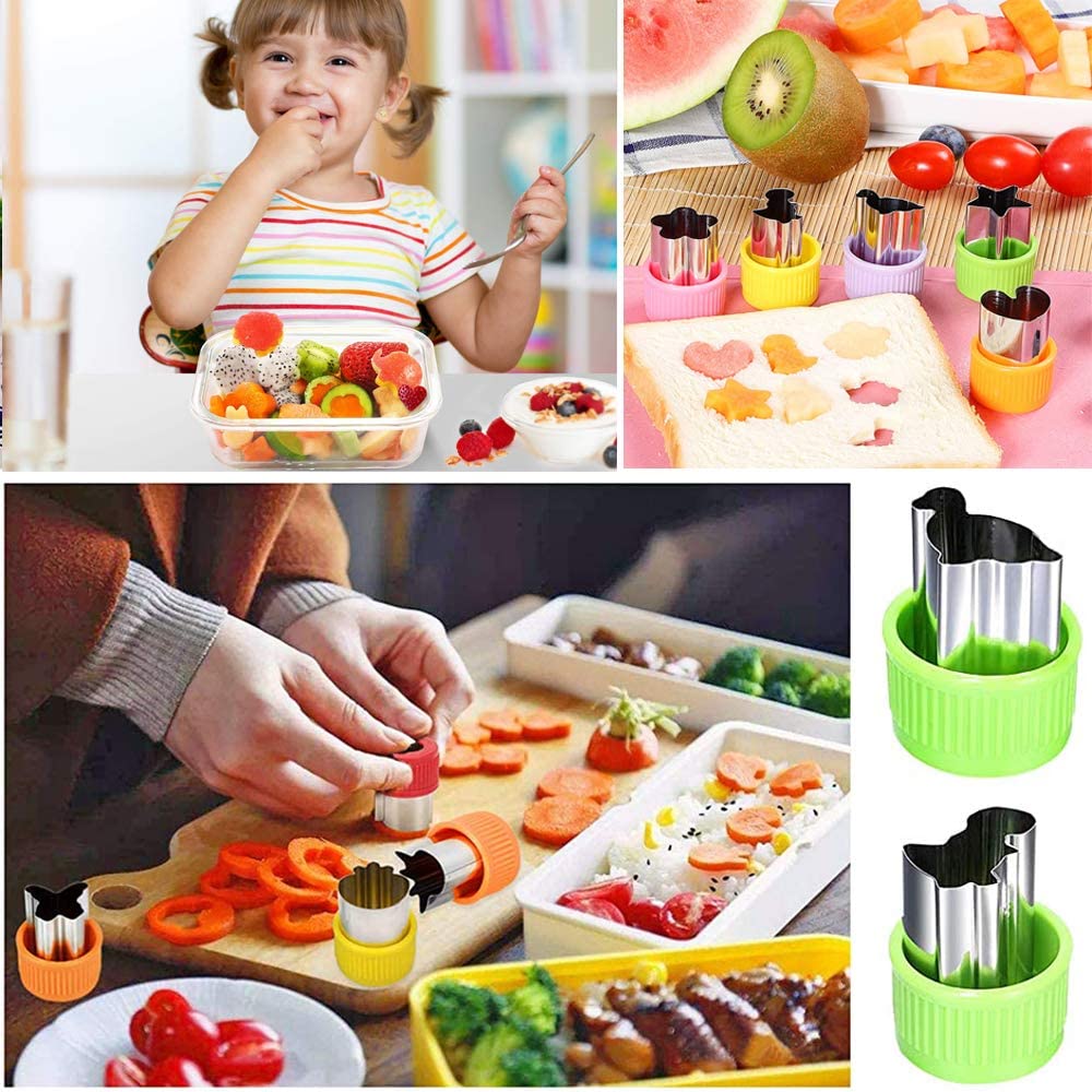 Crethinkaty 16 Pieces Fruit Shape Cutters Vegetable Cutter Set Mini Animal Cookie Cutters Fruit Stamps Mold 10 PCS Cute Cartoon Animals Food Picks and Forks