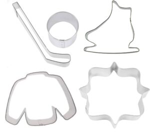 ice hockey cookie cutter 5 piece set from the cookie cutter shop - hockey puck, ice skate, jersey, plaque, hockey stick cookie cutters – tin plated steel cookie cutters