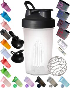 a small clear shaker bottle w. black lid,12oz/400ml measurement marks & stainless whisk blender mixer ball,made of pp5,-4~248 °f,perfect for nutrition/protein/keto/juice powder shaking, 0xp3w