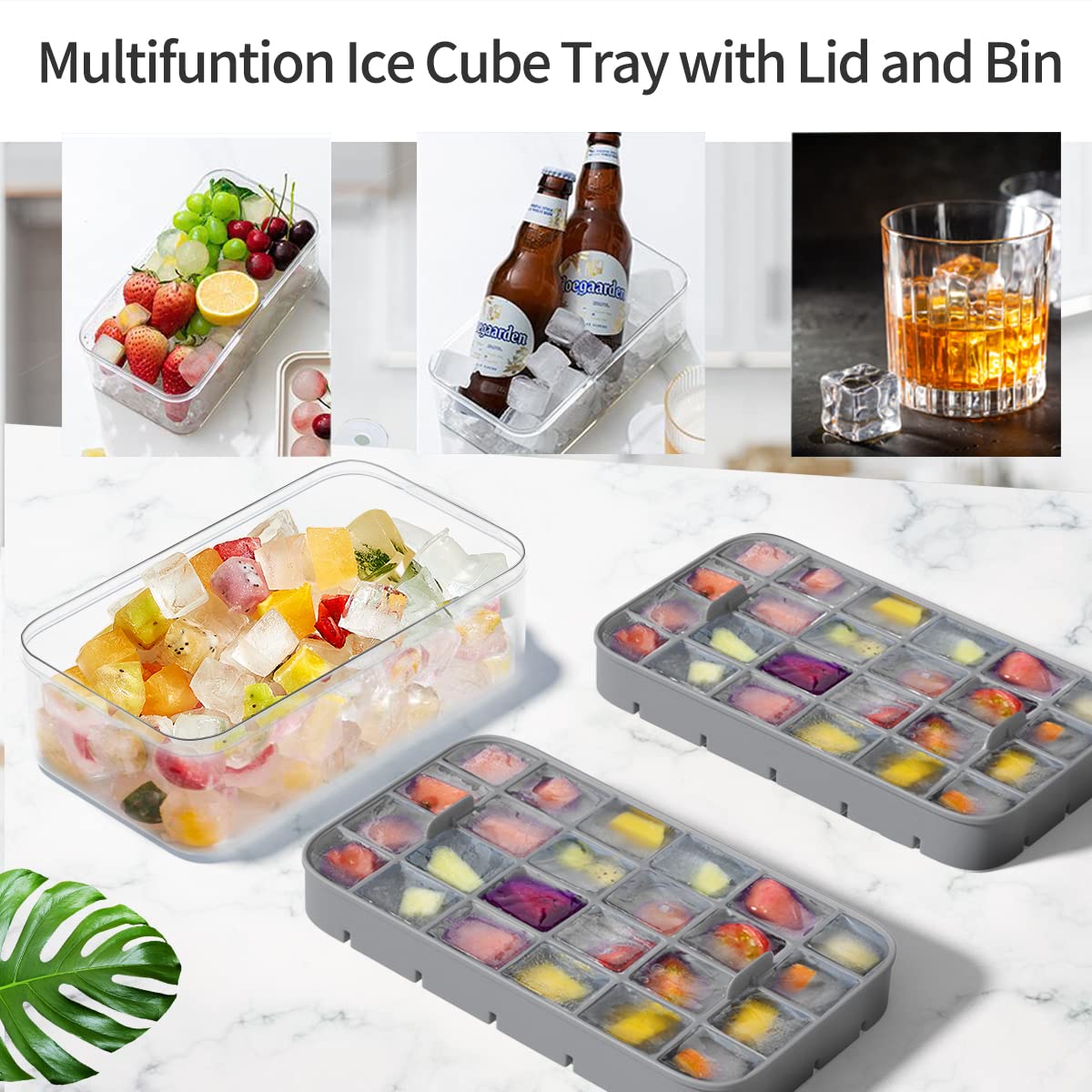 Ice Cube Tray with Lid and Bin, ROTTAY Ice Trays for Freezer, Easy-release 48 Small Nugget Silicone Ice maker with Ice Bucket, Ice Cube Storage Container Set for Chilled Drink, Cocktail,Gray…