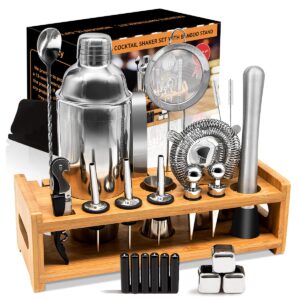 27-piece bartender kit cocktail shaker set | stainless steel bar set with bamboo stand bar tools cocktail kit for christmas drink mixing,home bar party gift bartending kit grey