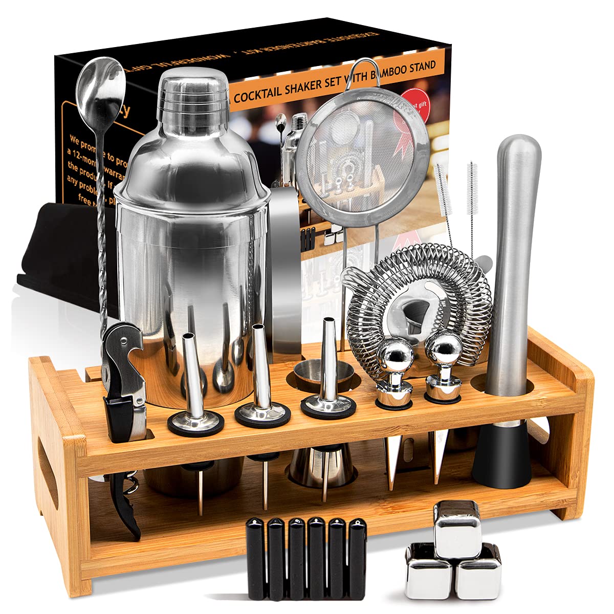 27-Piece Bartender Kit Cocktail Shaker Set | Stainless Steel Bar Set with Bamboo Stand Bar Tools Cocktail Kit for Christmas Drink Mixing,Home Bar Party Gift Bartending Kit Grey