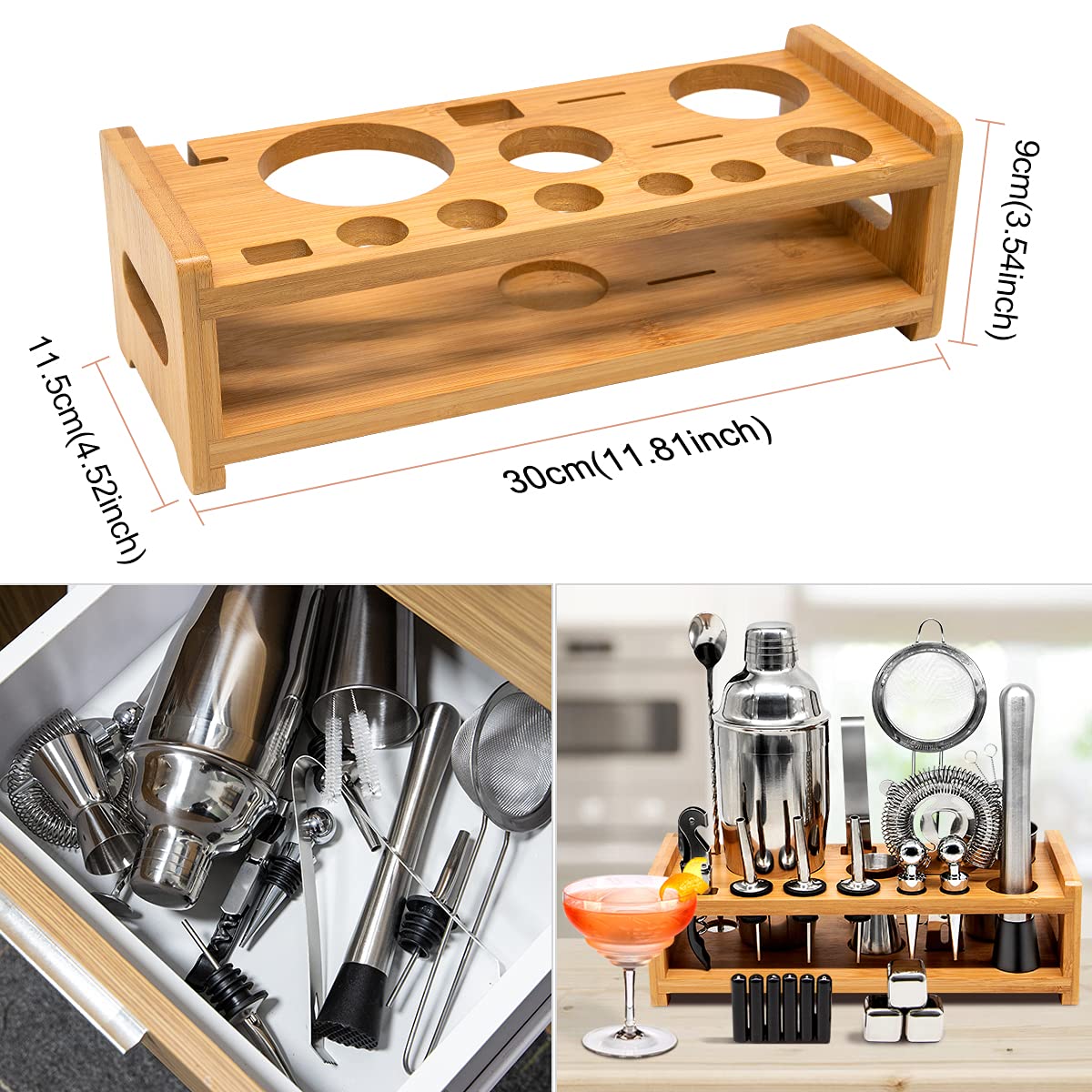 27-Piece Bartender Kit Cocktail Shaker Set | Stainless Steel Bar Set with Bamboo Stand Bar Tools Cocktail Kit for Christmas Drink Mixing,Home Bar Party Gift Bartending Kit Grey