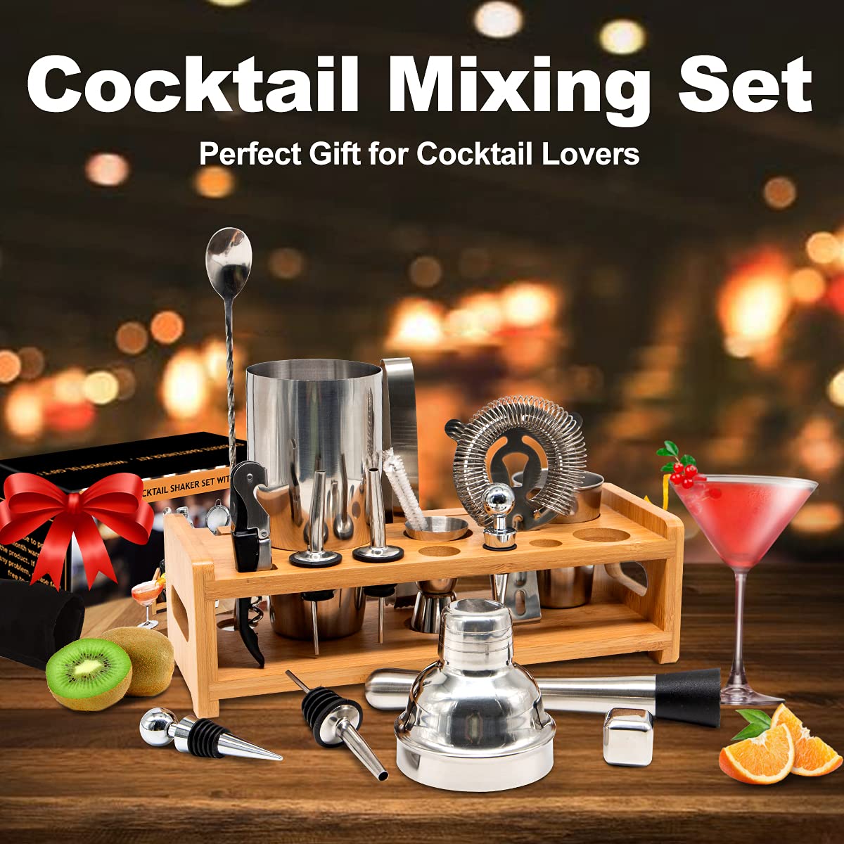 27-Piece Bartender Kit Cocktail Shaker Set | Stainless Steel Bar Set with Bamboo Stand Bar Tools Cocktail Kit for Christmas Drink Mixing,Home Bar Party Gift Bartending Kit Grey