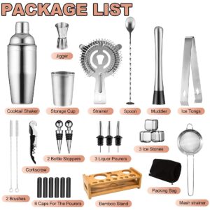 27-Piece Bartender Kit Cocktail Shaker Set | Stainless Steel Bar Set with Bamboo Stand Bar Tools Cocktail Kit for Christmas Drink Mixing,Home Bar Party Gift Bartending Kit Grey