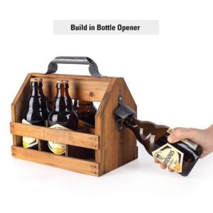 BARGIFTS Wooden 6-Bottle Caddy with Bottle Opener, build in a Removable Middle Divider Metal Bottle Opener… (Brown)