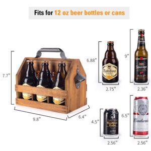 BARGIFTS Wooden 6-Bottle Caddy with Bottle Opener, build in a Removable Middle Divider Metal Bottle Opener… (Brown)