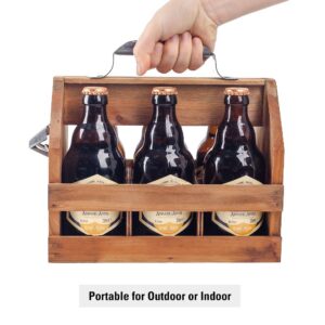 BARGIFTS Wooden 6-Bottle Caddy with Bottle Opener, build in a Removable Middle Divider Metal Bottle Opener… (Brown)