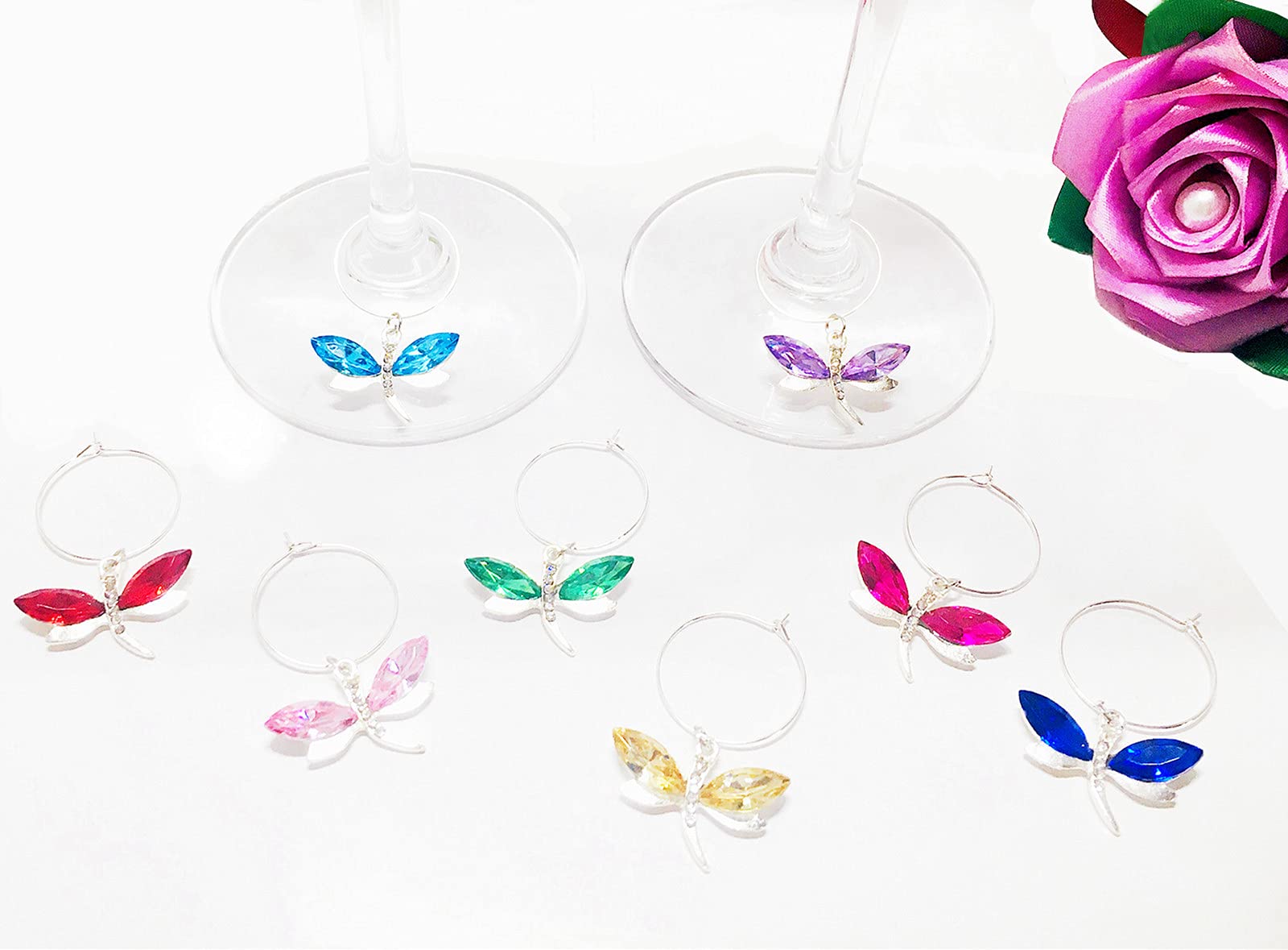 Malikesy Colourful Dragonfly Stem Glass Charms, Wine Markers Charms for Bachelorette Party Anniversary Friends Gathering - Set of 8