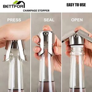 BETTFOR Champagne Stoppers with Stainless Steel Champagne Saver with Food Grade Silicone Leak proof Keep Fresh Suitable for Champagne, Cava, Prosecco and Sparkling (Silver, 2 Pack)