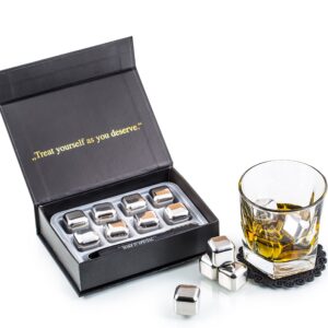 𝗕𝗘𝗦𝗧 𝗚𝗜𝗙𝗧: exclusive whiskey stones gift set - high cooling technology - reusable ice cubes - stainless steel whisky rocks - whiskey gifts for men - regalos para hombre - coasters + ice tongs