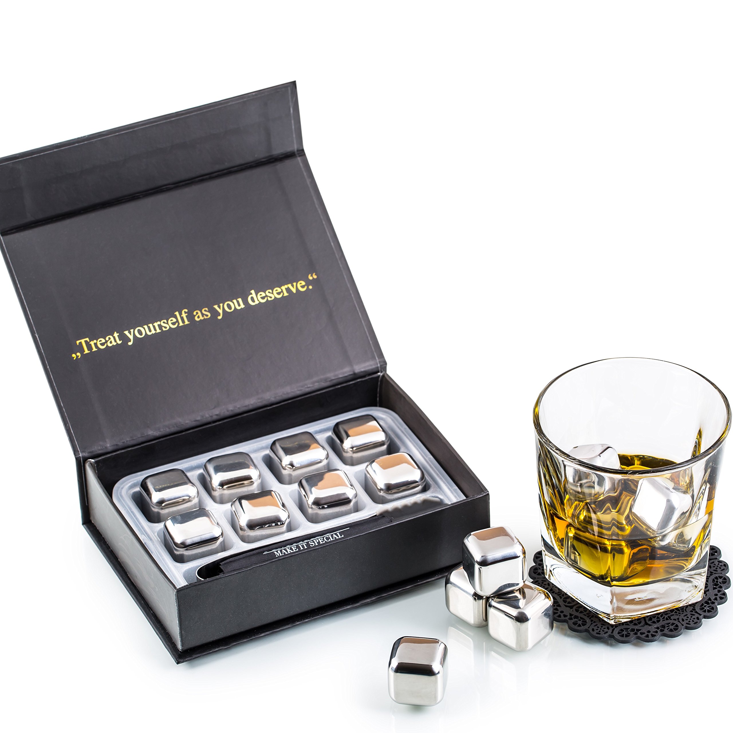 𝗕𝗘𝗦𝗧 𝗚𝗜𝗙𝗧: Exclusive Whiskey Stones Gift Set - High Cooling Technology - Reusable Ice Cubes - Stainless Steel Whisky Rocks - Whiskey Gifts for Men - Regalos para Hombre - Coasters + Ice Tongs