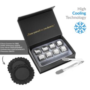 𝗕𝗘𝗦𝗧 𝗚𝗜𝗙𝗧: Exclusive Whiskey Stones Gift Set - High Cooling Technology - Reusable Ice Cubes - Stainless Steel Whisky Rocks - Whiskey Gifts for Men - Regalos para Hombre - Coasters + Ice Tongs