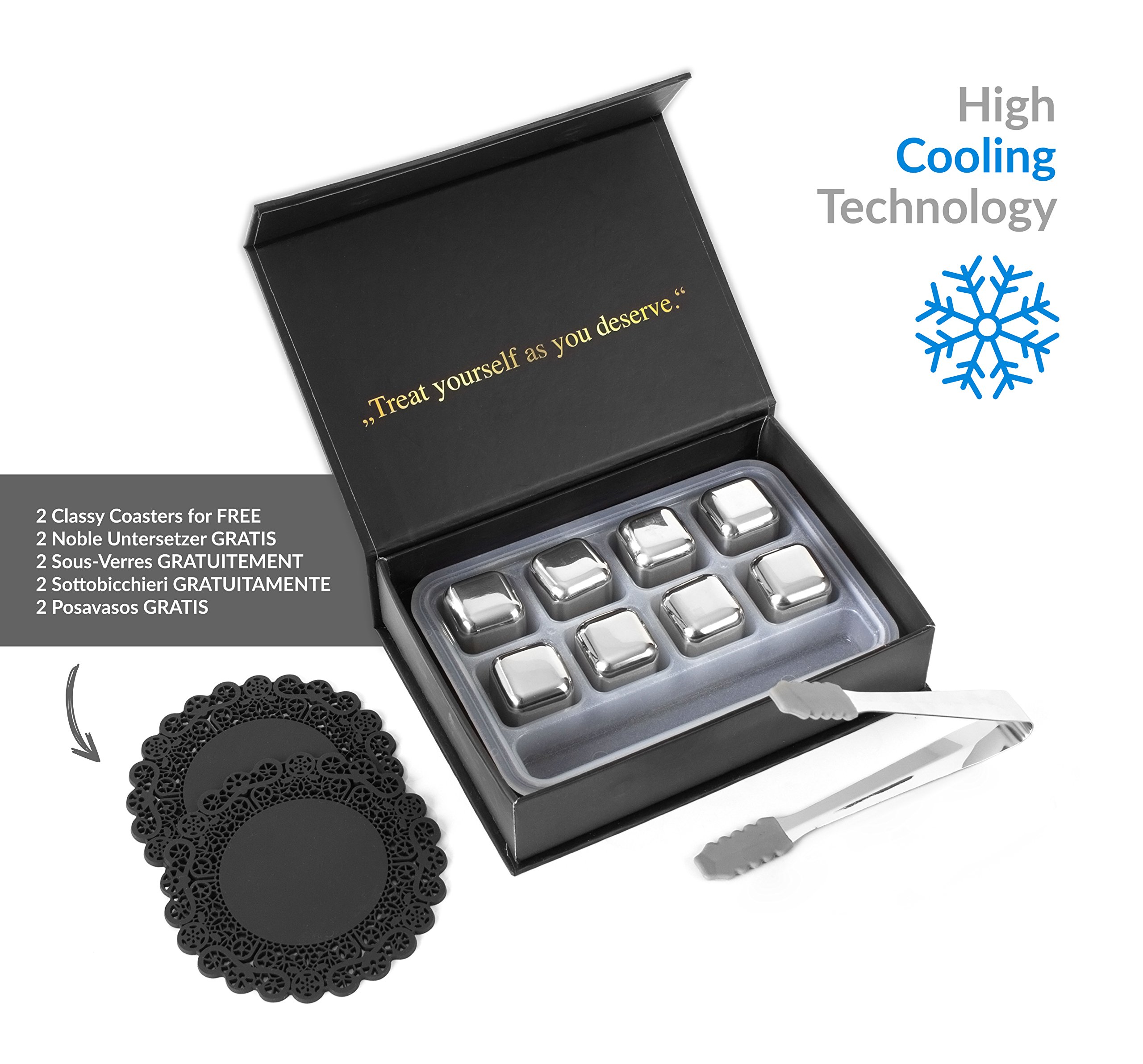 𝗕𝗘𝗦𝗧 𝗚𝗜𝗙𝗧: Exclusive Whiskey Stones Gift Set - High Cooling Technology - Reusable Ice Cubes - Stainless Steel Whisky Rocks - Whiskey Gifts for Men - Regalos para Hombre - Coasters + Ice Tongs