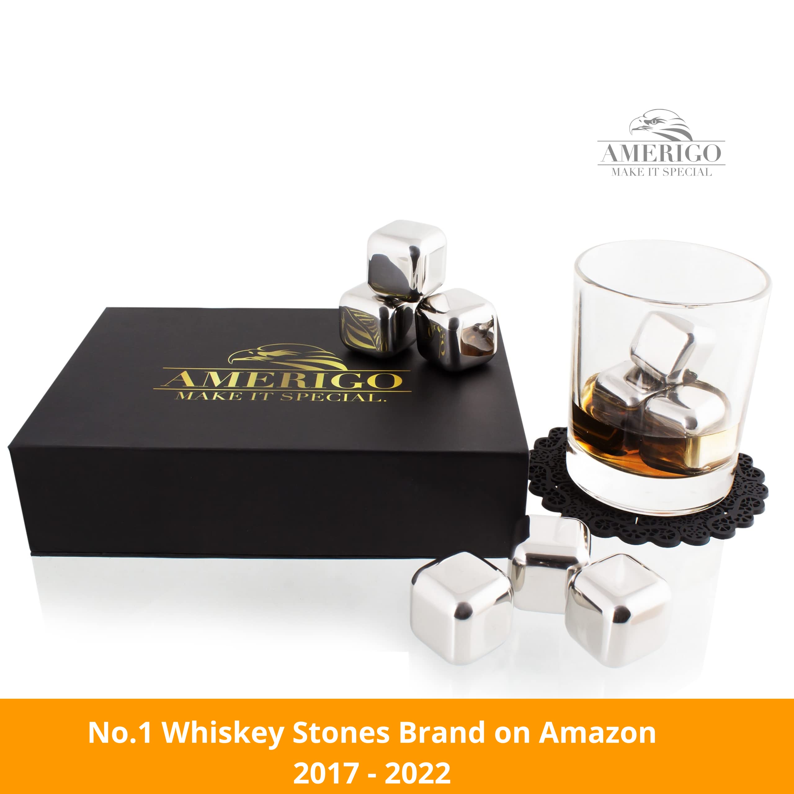 𝗕𝗘𝗦𝗧 𝗚𝗜𝗙𝗧: Exclusive Whiskey Stones Gift Set - High Cooling Technology - Reusable Ice Cubes - Stainless Steel Whisky Rocks - Whiskey Gifts for Men - Regalos para Hombre - Coasters + Ice Tongs