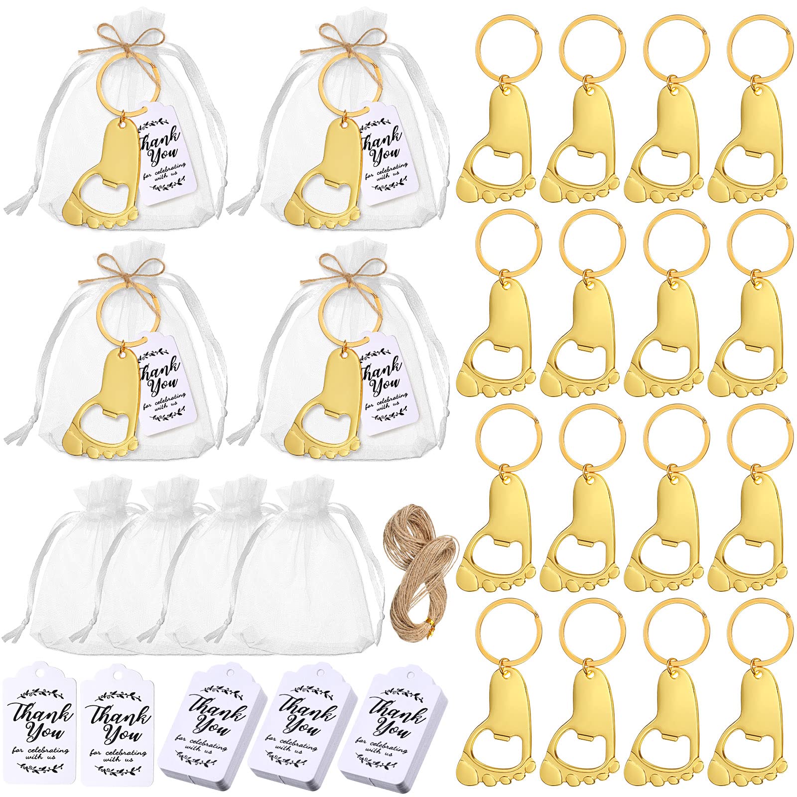 Laumoi 50 Pieces Baby Footprint Keychain Bottle Opener Baby Shower Party Favors Baby Shower Footprint Bottle Opener Supplies with Organza Bags and Thank Tags for Baby Party Souvenirs Gifts(Gold)