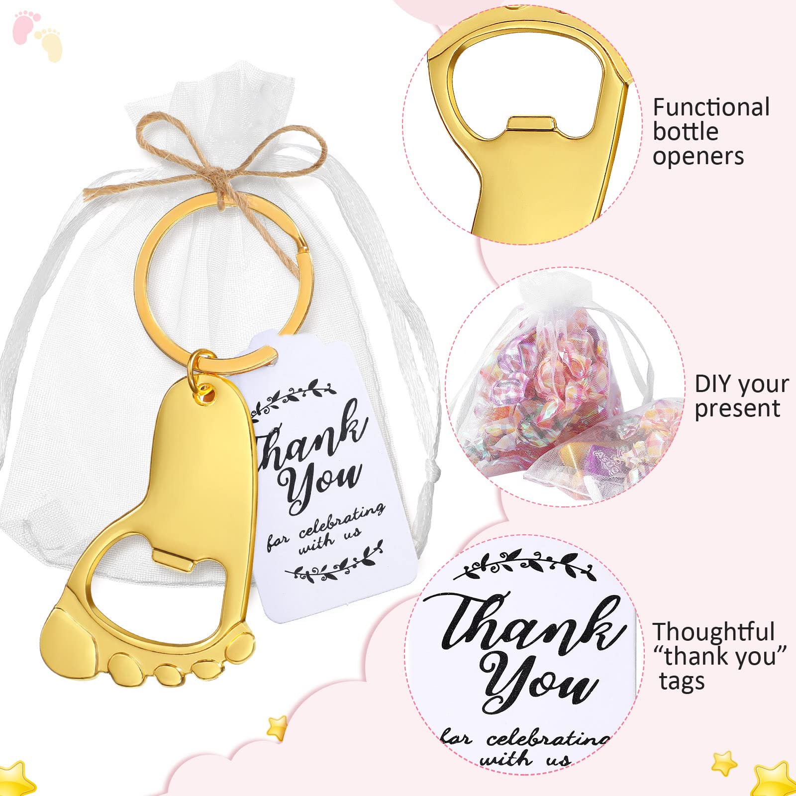 Laumoi 50 Pieces Baby Footprint Keychain Bottle Opener Baby Shower Party Favors Baby Shower Footprint Bottle Opener Supplies with Organza Bags and Thank Tags for Baby Party Souvenirs Gifts(Gold)